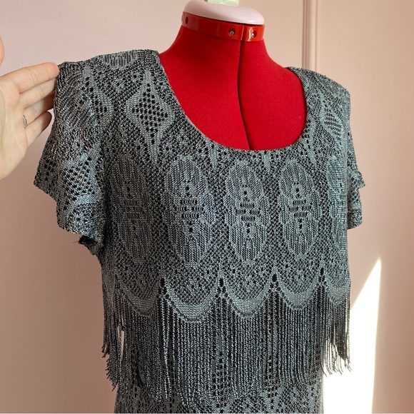 Vintage CARTISE Dress, Silver Crochet Knit, Maxi, Fringe, Black Lining, (US M) - Picture 4 of 16